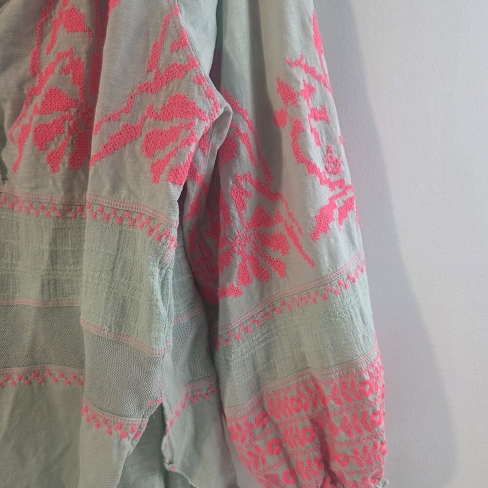 Free People Poet Embroidered Blouse Womens Sz M Medium Mint & Pink Boho Festival - Picture 3 of 6